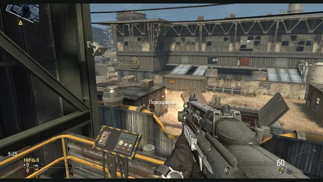 A first-person view of an industrial shooter map in the 2010 Rust Rewrite project.
