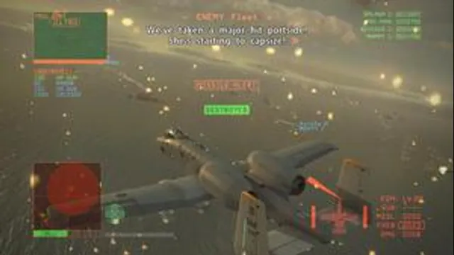 An aircraft banks through a battle with radar and targeting markers visible in Ace Combat 6. Original-game reference.