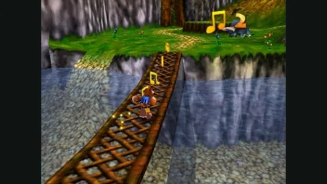 Banjo crosses a bridge toward musical notes in Mumbo’s Mountain. Original-game reference.