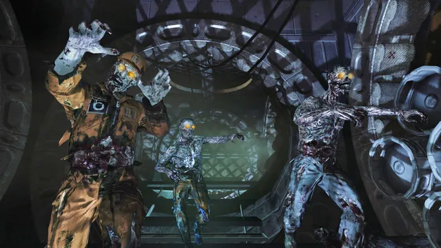 A zombie reaches toward the player inside an industrial room in Black Ops — Rezurrection.