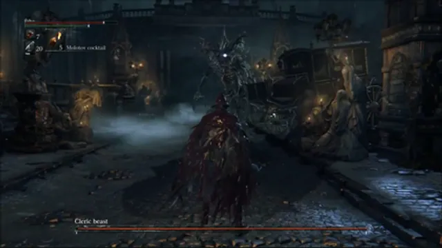 The Hunter fights a large creature in a dark courtyard in a Bloodborne alpha screenshot. Original-game reference.