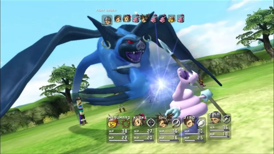 A blue dragon shadow confronts a purple enemy above Blue Dragon’s party battle HUD.