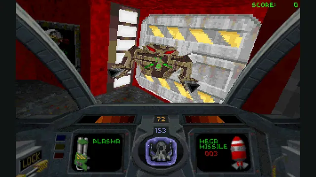 Descent cockpit instruments frame a robot inside an industrial tunnel. Original-game reference.
