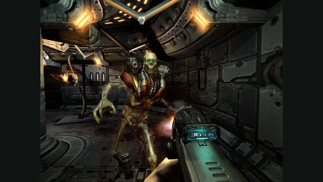 An armed player faces a creature in a metallic Doom 3 corridor. Original-game reference.