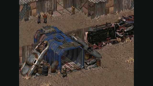 Characters stand near wrecked vehicles in an isometric Fallout settlement. Original-game reference.