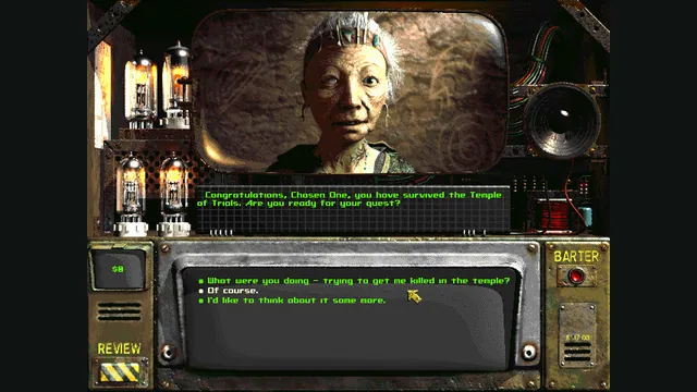 A Fallout 2 conversation screen shows a talking character and dialogue choices. Original-game reference.