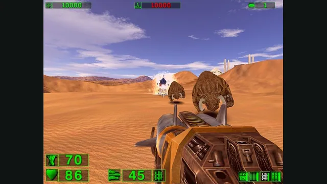 A Serious Sam enemy charges across a desert toward the player’s weapon. Original-game reference.