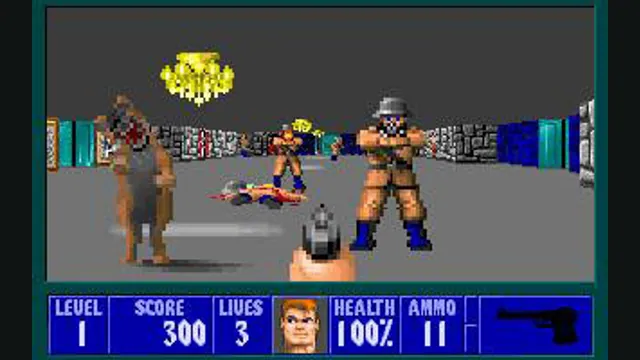 Wolfenstein 3D enemies approach through a stone room above the classic status bar. Original-game reference.