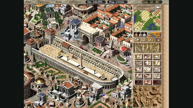 A dense Roman city with streets, homes and civic buildings in Caesar III. Original-game reference.