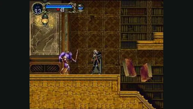 Alucard explores a tall library in Castlevania: Symphony of the Night. Original-game reference.