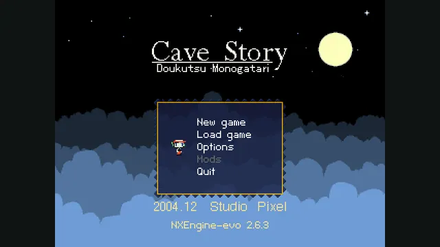 Cave Story title menu with moon, clouds and the NXEngine-evo 2.6.3 label