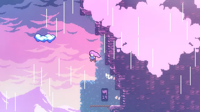 Madeline climbing beside a waterfall in Celeste. Original-game reference.