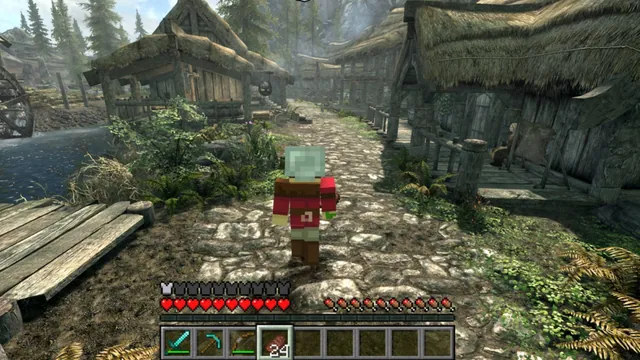 A block-shaped character stands in a Skyrim village in SkyCraft.