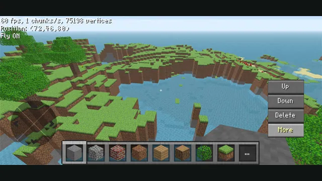 A block landscape and item hotbar in ClassiCube with touch controls visible.