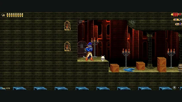 Captain Claw stands inside a pirate fortress, with crates, guards and the health HUD.