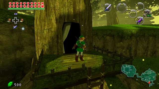 Link stands outside a tree house in the TriAevum Ocarina of Time 3D project.
