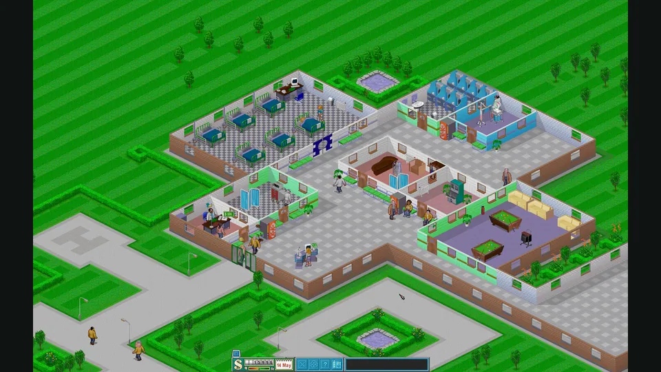 Treatment rooms, doctors and patients in a busy CorsixTH hospital.
