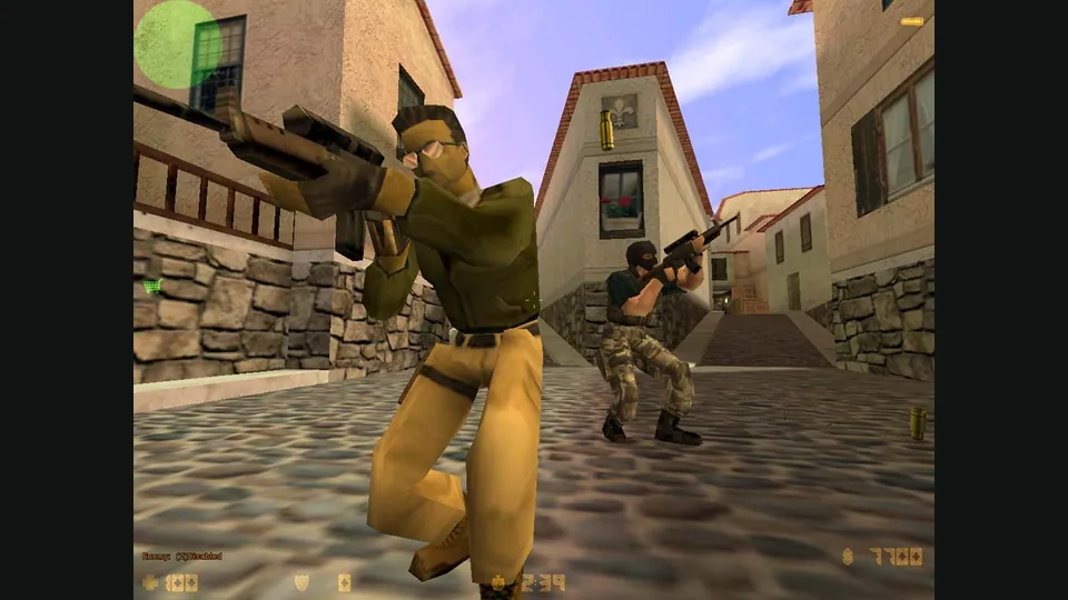 Counter-Strike players carrying rifles through a sunlit courtyard. Original-game reference.
