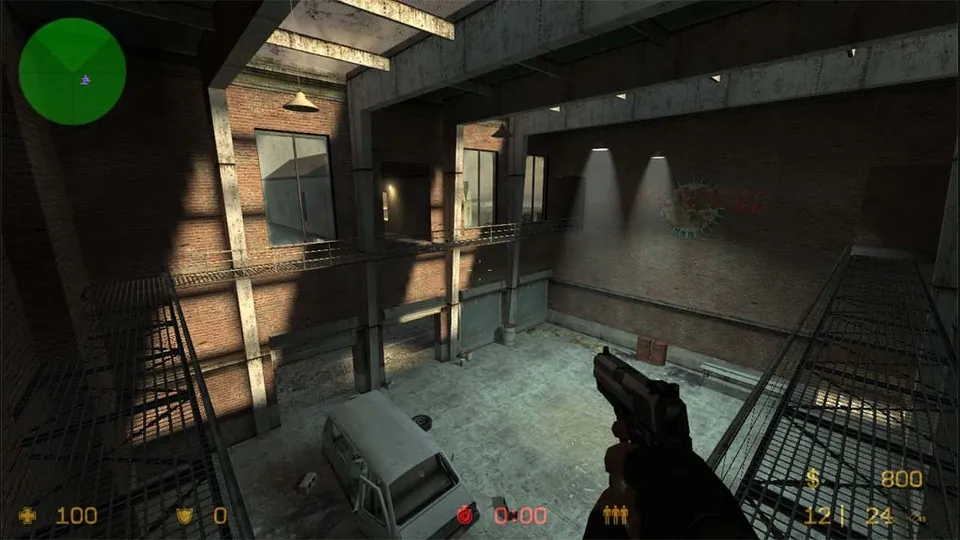 A first-person view across a Counter-Strike: Source warehouse. Original-game reference, not a surf or bunnyhop map.
