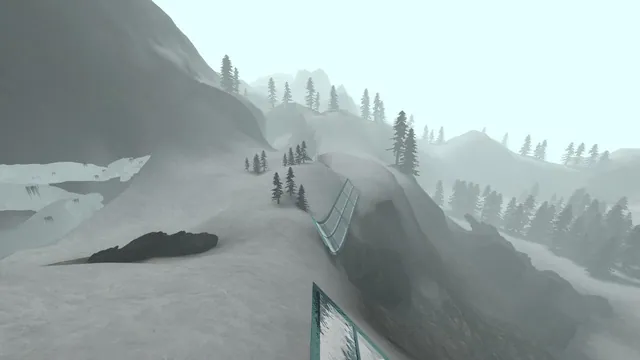 A curved surf ramp crosses a snowy mountain landscape on Surfd’s Boreas map.