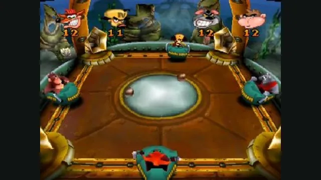 Four characters guard goals in a Crash Bash Ballistix minigame. Original-game reference.