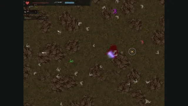 Creatures surround the player and a shotgun blast in Crimsonland Classic’s brown rocky arena.