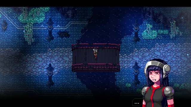 A character on a bridge and a dialogue portrait in the official CrossCode beta demo.