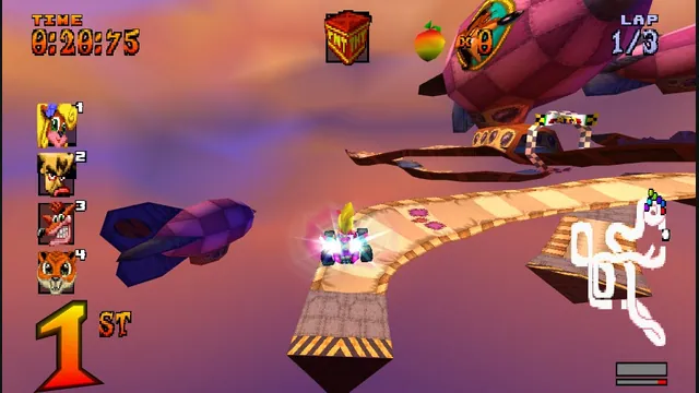 Karts race around a floating airship course with the race HUD visible.