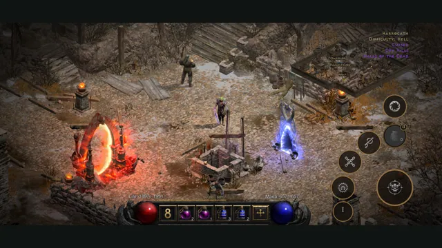 Diablo II Resurrected in Harrogath with an on-screen joystick, skill buttons and red portal.
