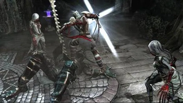 Dante raises a glowing cross against enemies on a stone floor. Original-game reference.