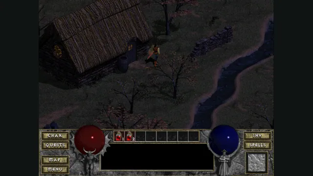 A character stands near a village building in the Diablo Web project.