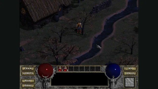 A warrior stands beside a thatched house and a river in DiabloWeb’s shareware demo.