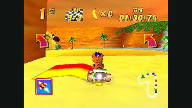 Timber drives a kart around a brightly colored canyon course. Original-game reference.