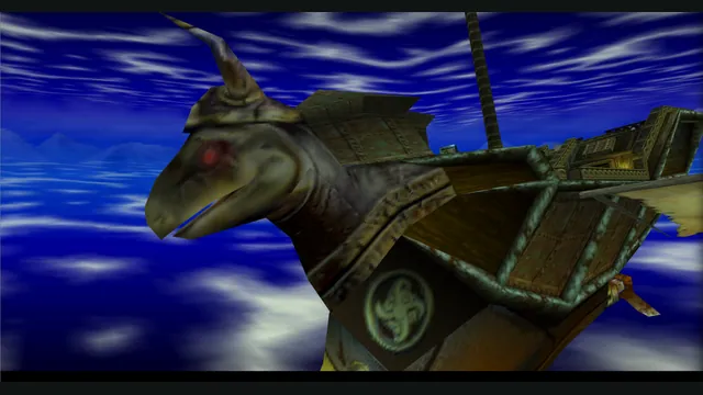 A horned wooden airship flies beneath a blue cloudy sky in Dinosaur Planet Recompiled.