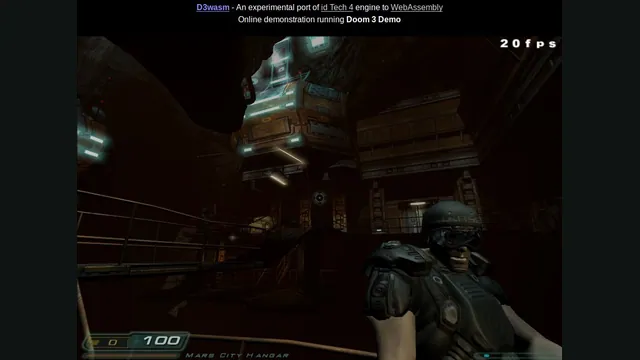 A first-person view inside a dark industrial room in the d3wasm browser port.