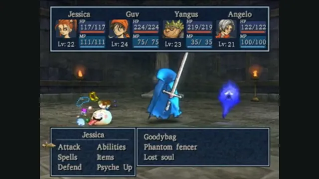 The party faces enemies in a Dragon Quest VIII turn-based battle. Original-game reference.