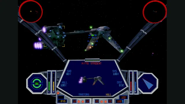 A TIE cockpit faces a large spacecraft in OpenTIE.