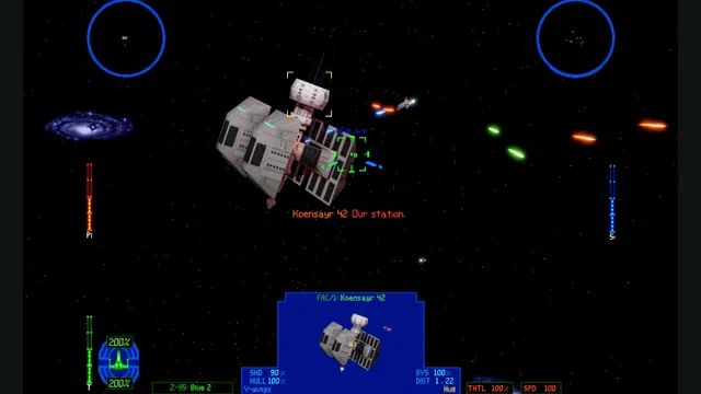 A starfighter cockpit faces a spacecraft in OpenXvT.