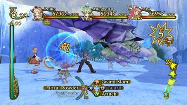 The party battles a large creature in a snowy Eternal Sonata arena. Original-game reference.