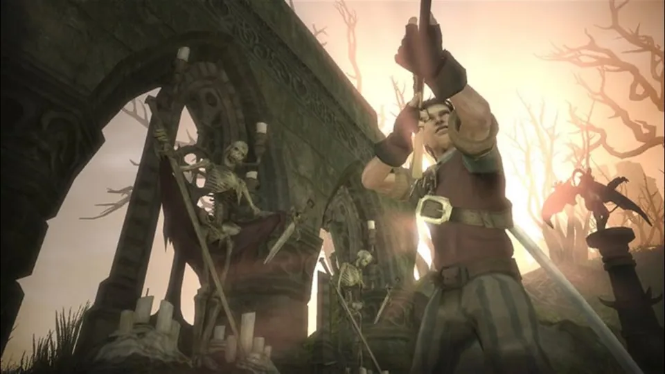 A hero aims a long gun beside a ruined stone arch in Fable II.
