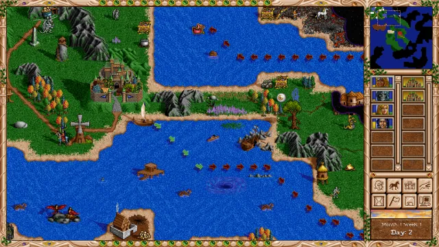 A hero explores green islands and coastal water on the fheroes2 adventure map.