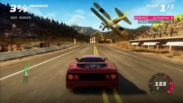 A sports car races beneath a low-flying plane on a Forza Horizon road. Original-game reference.
