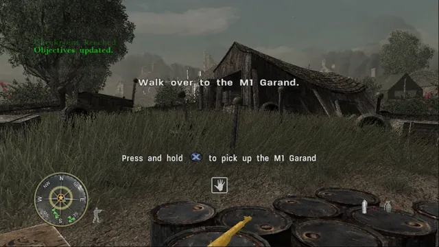 A soldier approaches a rifle in a field in the Call of Duty 3 recompilation.