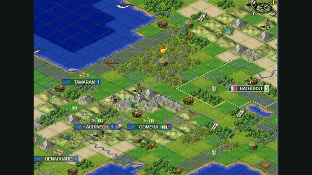 Cities and units surround a coastal bay on the Freeciv-web isometric map.