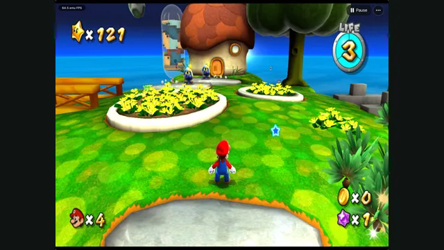 Mario on a grassy planet near a mushroom house in GalaxyPad, with the game HUD and app pause control.