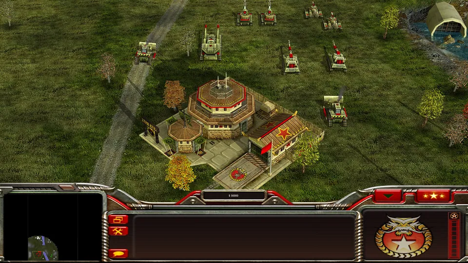 Chinese tanks and a command center above the red China-faction HUD in Command & Conquer: Generals Zero Hour.