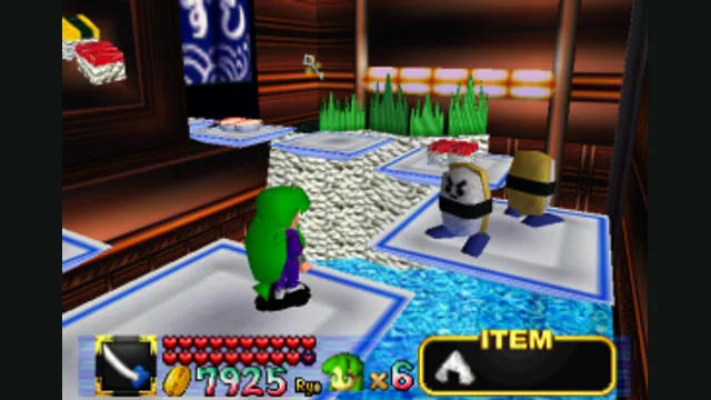 Goemon stands inside a food-themed room with the N64 game’s health and item HUD visible. Original-game reference.