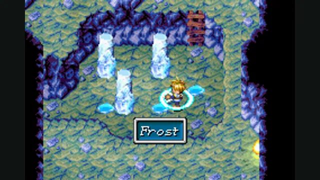 A character uses ice magic to make a path through a Golden Sun cavern. Original-game reference.