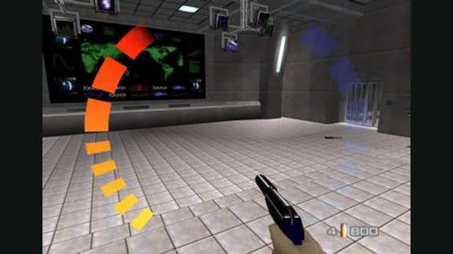 A first-person view with a pistol and health indicators in GoldenEye 007. Original-game reference.