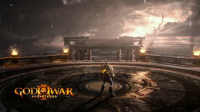 Kratos on a circular stone platform beneath a stormy sky in God of War III Remastered.